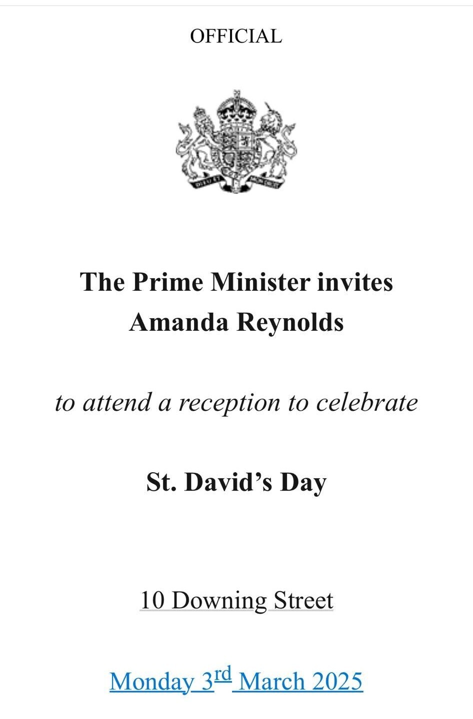 Invite to 10 Downing Street
